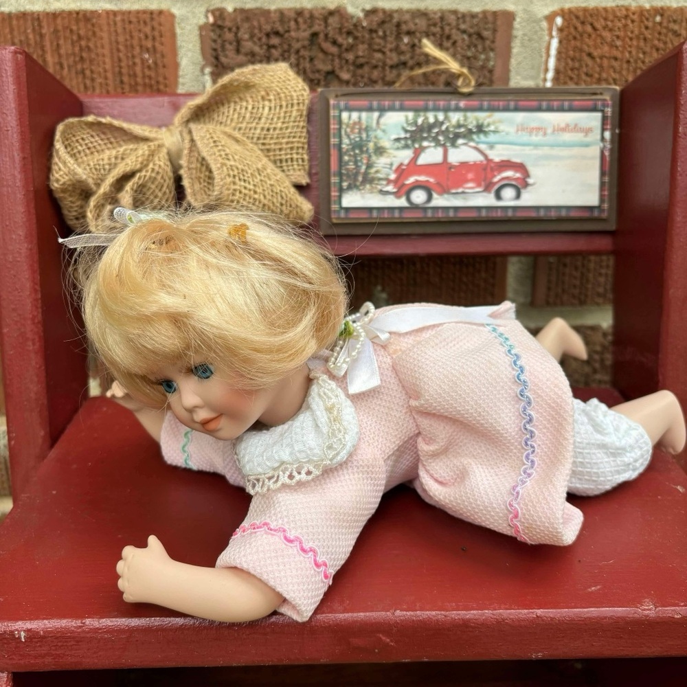 Vintage Blond Baby Porcelain Doll Limited Crawling Baby with pink dress